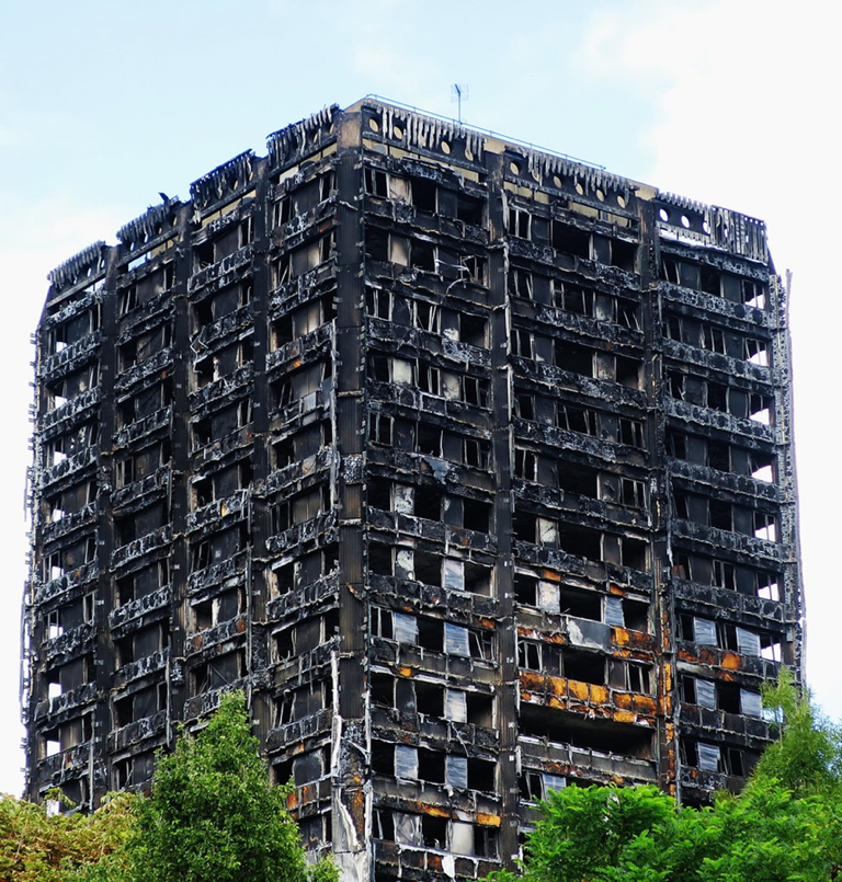 Burned out Grenfell Tower. Source: Alex J Donohue, licensed under CC BY-NC-ND 2.0